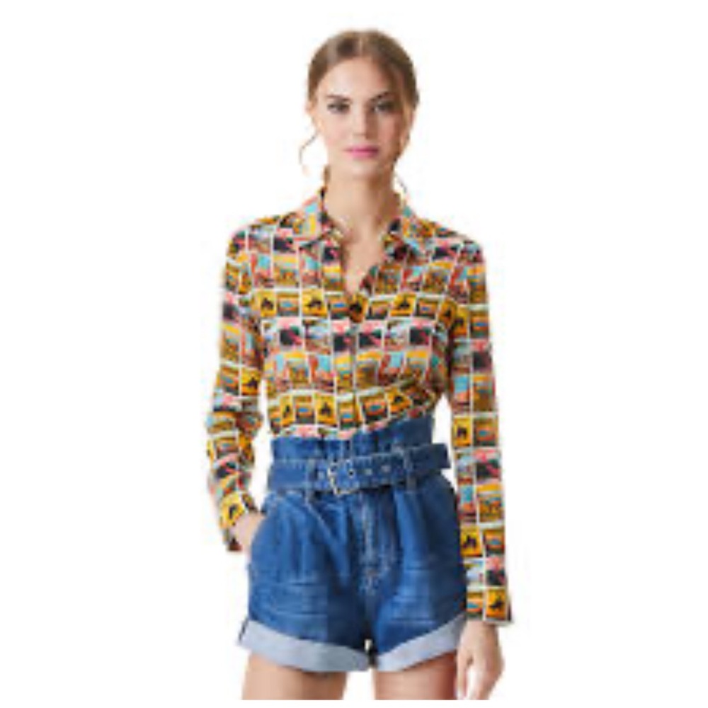 Alice + Olivia Willa Postcard Printed Blouse in Western Postcard M